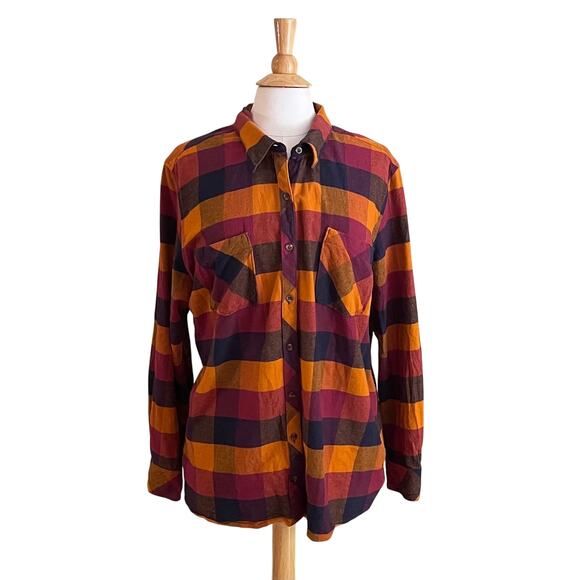 Natural Reflections Orange, Brown Plaid Flannel Button Down Shirt, Size 1X - Picture 1 of 10